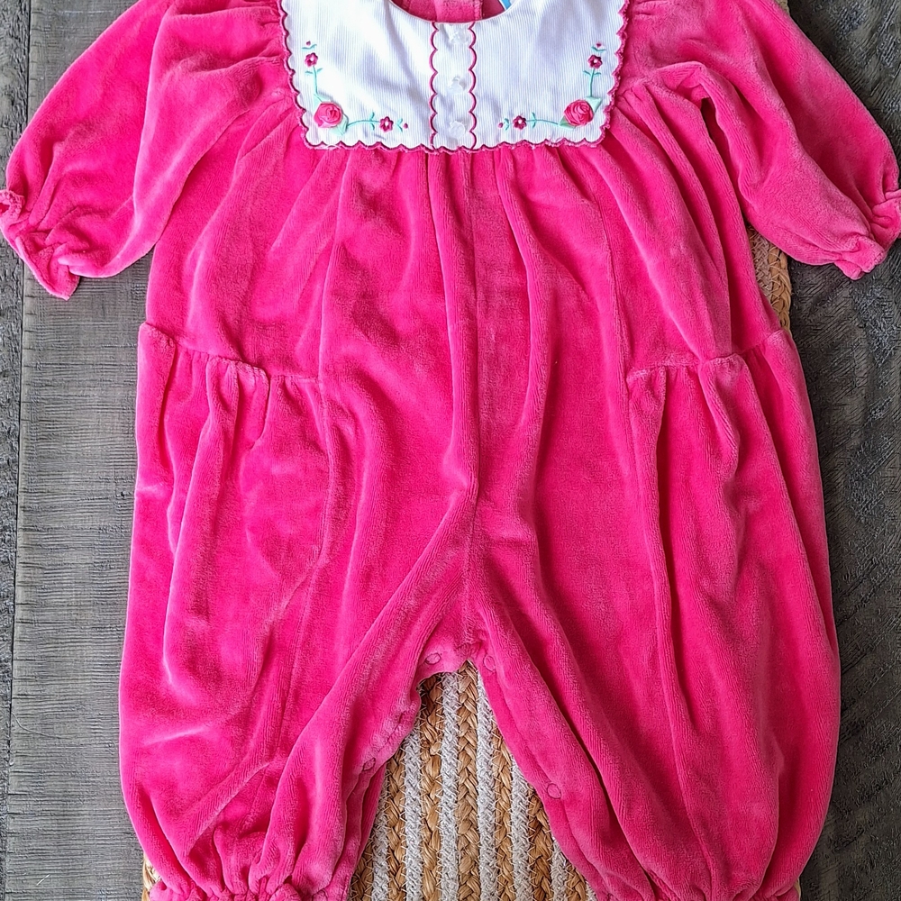 Pink Velour Baby Romper with Embroidered Collar